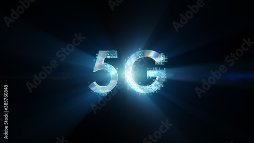 5G technology text inscription. Stylish silver letters glow and shimmer on the black background, beautiful typography techno design. photo