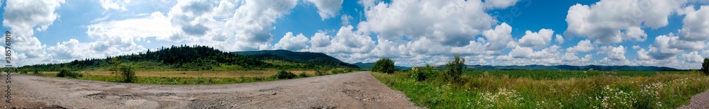 Panorama of the road in the mountains with sunflowers