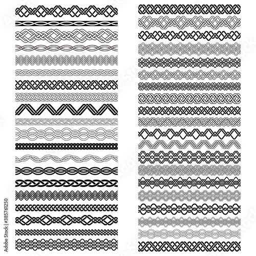 Set of vintage brushes templates for design. Forty border elements for frames in knotting style.
