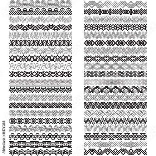 Set of vintage brushes templates for design. Forty border elements for frames in knotting style.