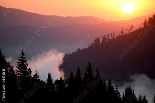 Colorful foggy sunrise in the mountains. dark slopes of mountains and fir trees against the background of the red rising sun.