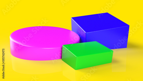 Abstract 3d render, geometric composition, pink, blue and green, with yellow color background design with cubes and cylinder