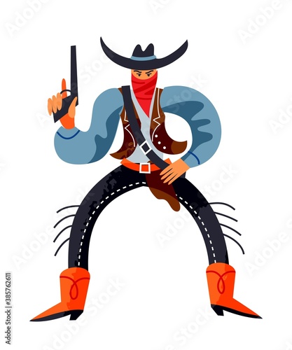 Wild west male armed character. Western american person vector illustration. Criminal in hat and jacket standing and holding gun, man with revolver isolated on white background
