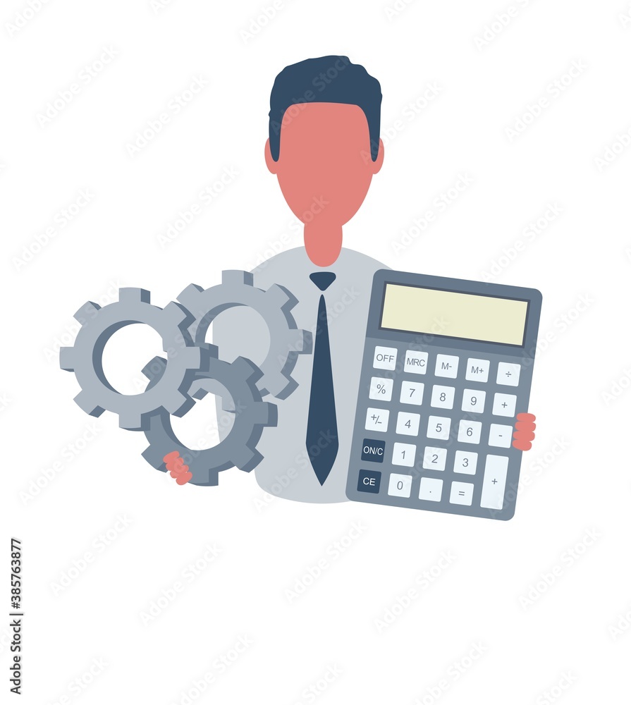 Businessman or clerk holding a calculator and a gears. Male character in simple style, flat vector illustration. Business concept. Isolated on white background. Businessman or clerk holding a calculator and a gears. Male character in simple style, flat vector illustration. Business concept. Isolated on white background.