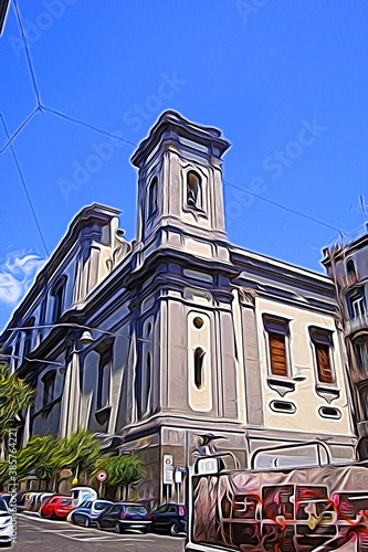 Digital painting style that represents a glimpse of a historic building in the center of Naples