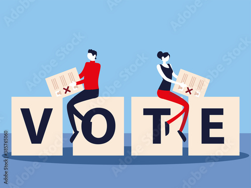 election day, people with vote ballot on vote lettering