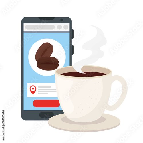 coffee cup and beans inside smartphone design of drink caffeine breakfast and beverage theme Vector illustration
