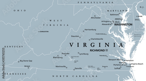 Virginia, VA, gray political map. Commonwealth of Virginia. State in Southeastern and Mid-Atlantic region of United States. Capital Richmond. Old Dominion. Mother of Presidents. Illustration. Vector.