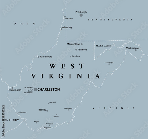 West Virginia, WV, gray political map. State in the Appalachian region of the Southern United States and in the Mid-Atlantic Southeast Region. Capital Charleston. Mountain State. Illustration. Vector. photo