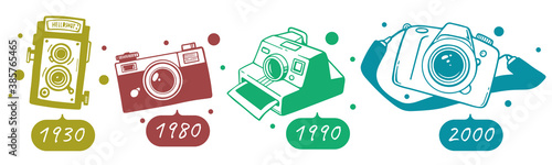 Photography Vector illustration of types color photo camera of different years on white background