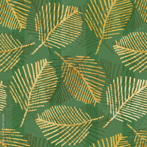 Mono print style leaves seamless vector pattern background. Gold painterly foliage with transparent overlay effect on subtle striped green backdrop. At home hand crafted concept. All over print