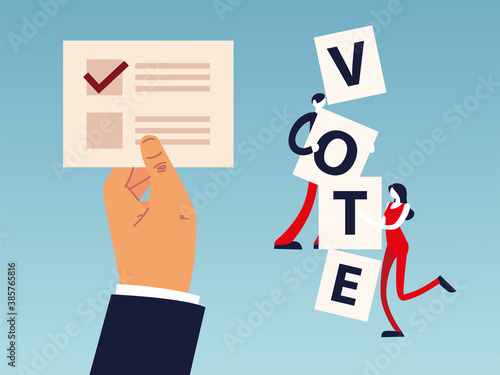election day, hand with ballot and people with vote word