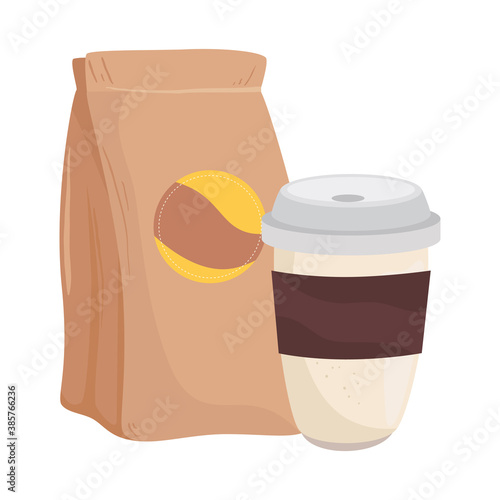 coffee beans bag and mug design of drink caffeine breakfast and beverage theme Vector illustration