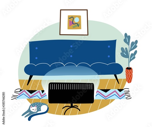 Comfortable living room flat vector illustration. Home interior decor, contemporary apartment furnishing. Empty accommodation with nobody inside. Television set, picture and cat sleeping on floor.