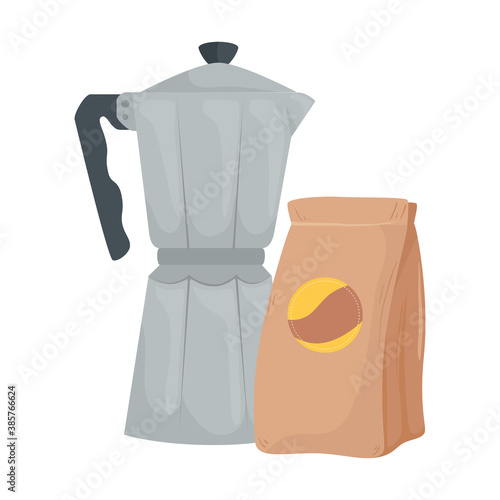 coffee moka pot and beans bag design of drink caffeine breakfast and beverage theme Vector illustration