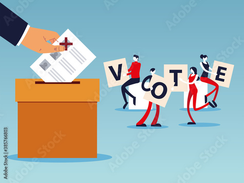 election day, people with vote letters, hand with ballot in box