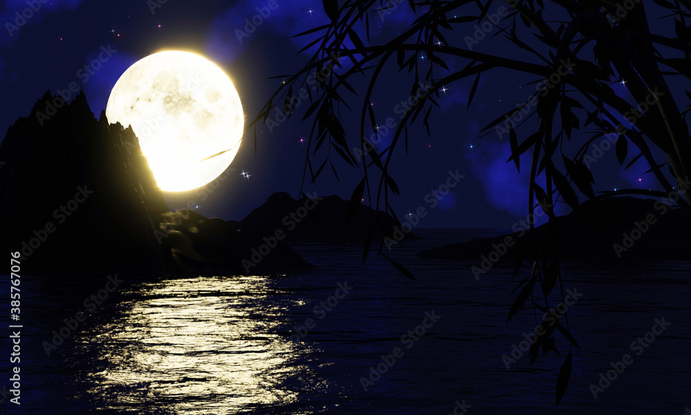 The golden yellow full moon is reflected in the sea. The shadow of the island in the ocean The sky has many stars. Ripples on the sea at night.3D Rendering The golden yellow full moon is reflected in the sea. The shadow of the island in the ocean The sky has many stars. Ripples on the sea at night.3D Rendering