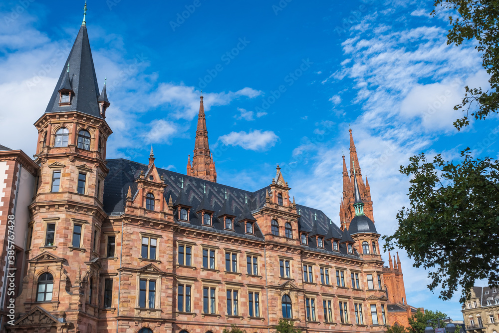 View to the town hall in Wiesbaden / Germany with a blue sky in autumn