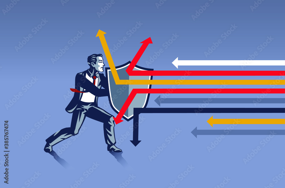 Businessman Protect Himself from Attacking Arrows Using Shield Business Illustration Concept