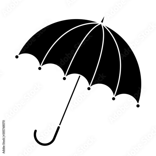 Umbrella silhouette isolated on white. Black and white open parasol icon. Illustration of rain protection autumn graphic element. Autumnal vector symbol. Seasonal black isolated picture. Eps 10.