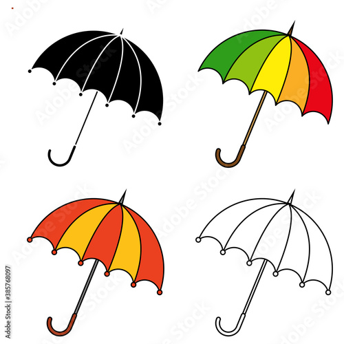 Umbrella icon set isolated on white. Parasol clip art collection. Cartoon illustration of autumnal rain protection symbols. Seasonal vectors with colorful drawings,silhouette and outline design.