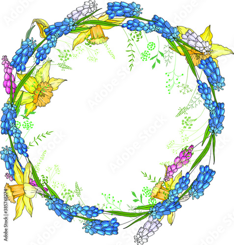 Round garland with spring flowers daffodils and and small blue flowers. Decorative season floral frame for festive design