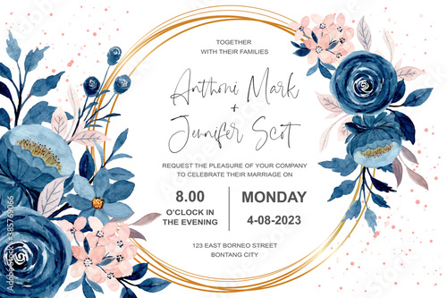 Wedding invitation card with blue pink floral watercolor