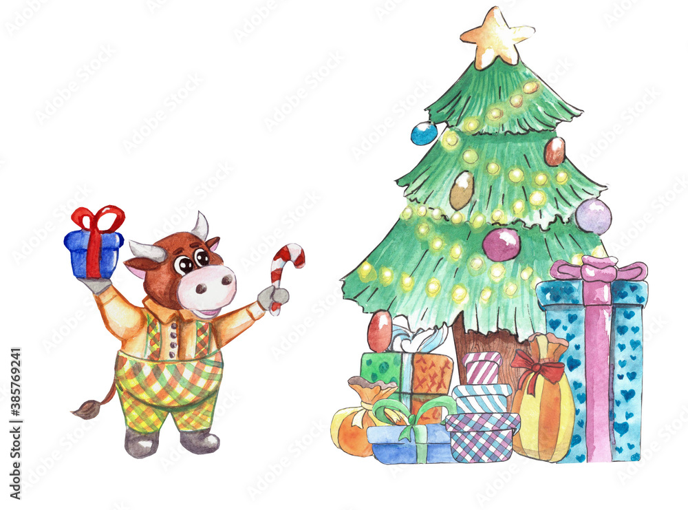 Obraz premium Bull xmas present tree set