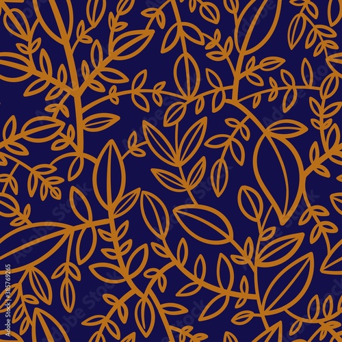 Seamless pattern with different eaves on violet background. Vector print with plants.