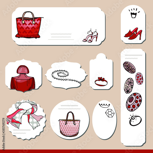 Collection with different paper labels for  announcements. Fashion, bags, jewels