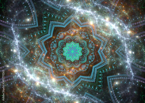 Magical mandala in space with starry galactical background photo