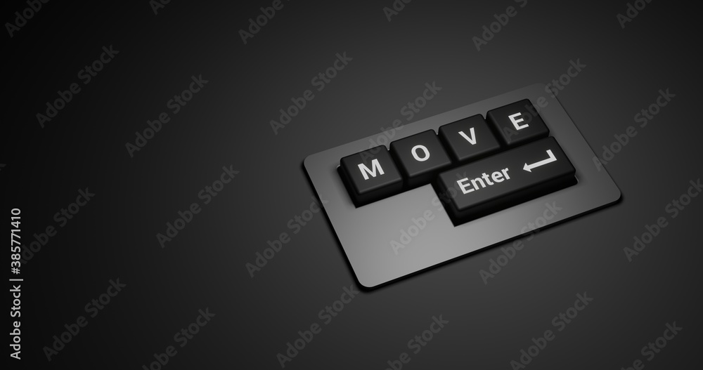 Move Lettering in Black Keyboard with Enter Button. 3D rendering Illustration at Dark background and focus light with space for text Move Lettering in Black Keyboard with Enter Button. 3D rendering Illustration at Dark background and focus light with space for text
