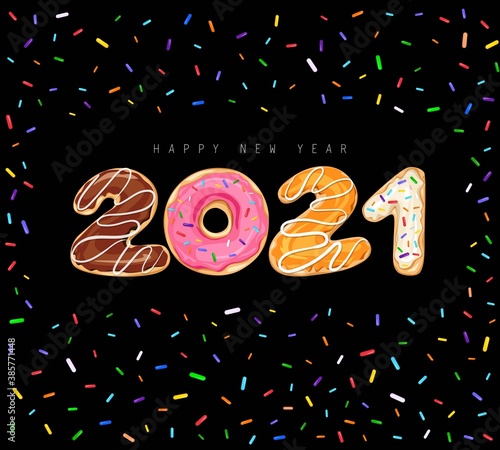 Happy New Year 2021 greeting card with donuts and confetti. Sweet Vector illustration with colorful holiday label isolated on white background