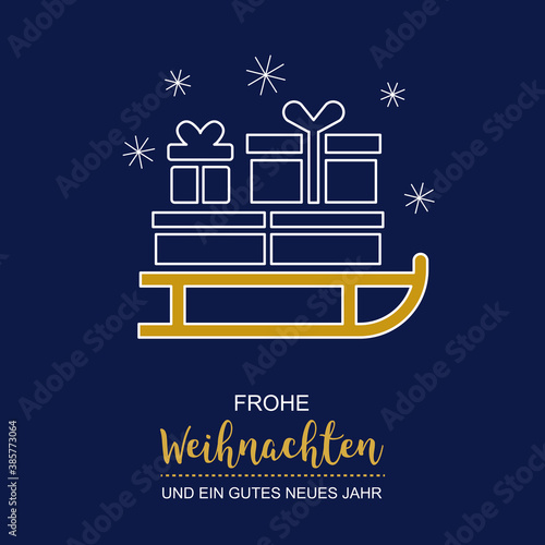 Weihnachtskarte mit Geschenken und Schlitten Vektor Illustration auf blauem Hintergrund