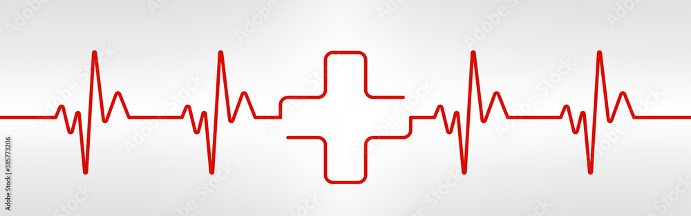 Heartbeat line with cross shape. One red plus in pulse. Cardio rate. Electrocardiogram or ECG. Healthcare design icon. First aid X sign. Life rescue. Medical vector illustration. Heartbeat line with cross shape. One red plus in pulse. Cardio rate. Electrocardiogram or ECG. Healthcare design icon. First aid X sign. Life rescue. Medical vector illustration.