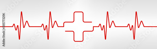 Heartbeat line with cross shape. One red plus in pulse. Cardio rate. Electrocardiogram or ECG. Healthcare design icon. First aid X sign. Life rescue. Medical vector illustration.