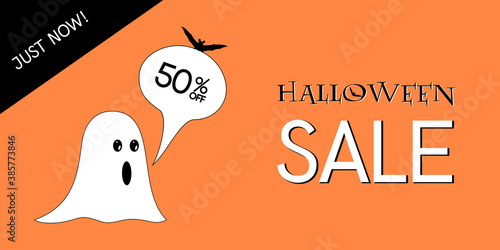 Halloween discount concept. 50 percent in speech bubble with amazed ghost, bat decoration, on orange isolated background. White just now text with black color.