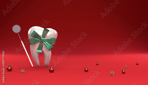 Tooth character with bow ribbon, Concept for dental clinic promotion of annual check up for new year and Christmas. 3d rendering
