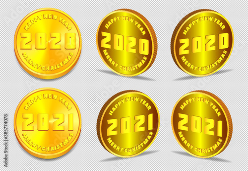 3D set of gold coin tokens dedicated to the winter holidays. Happy New Year and Merry Christmas. 2020 and 2021. EPS10