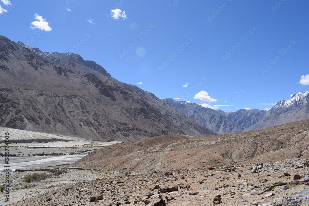 landscape in the himalayas along with shyok river leh ladakh landscape in the himalayas along with shyok river leh ladakh