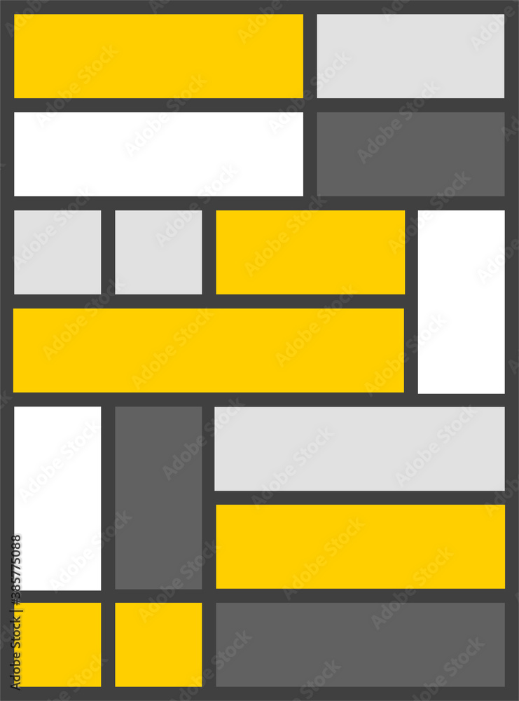 A pattern of squares consisting of yellow, white and dark grey elements with a black outline. Mosaic Abstract modern geometric background for the design of your products, presentations, items. 