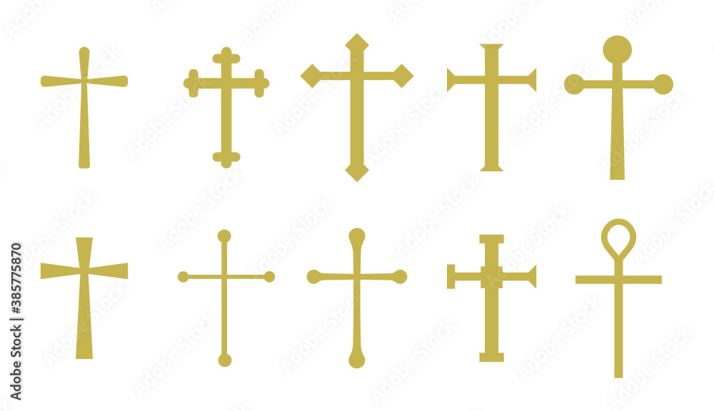 Set of golden christian crosses in vector