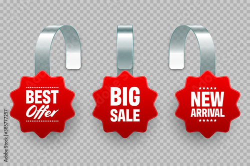 Supermarket promotional wobblers with ad text. Realistic vector wobbler template for shelf advertising. Sale or discount label. Special offer price tag.