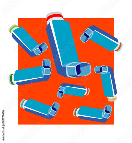 Several asthma inhalers that appear to float on rectangular background