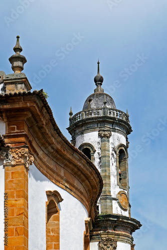 Tower of baroque church in Sao Joao del Rei, Minas Gerais, Brazil