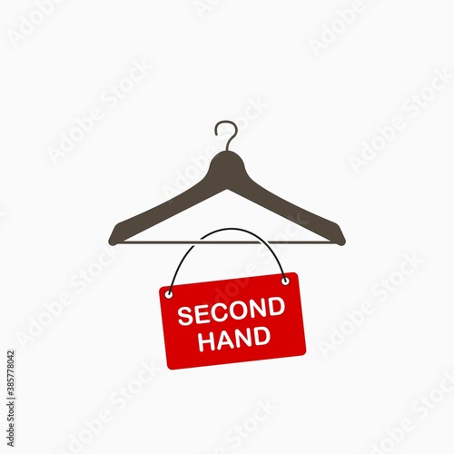 Second hand concept. Hanger icon with red table. Sale of clothes flat icon. Vector