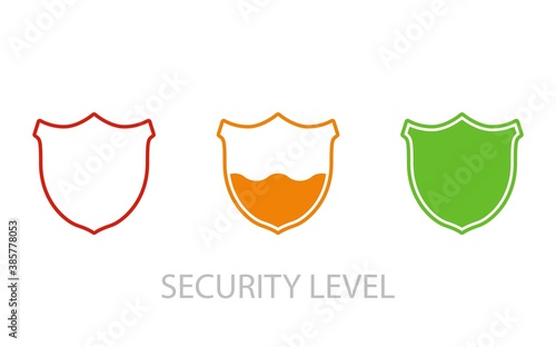 Loading security concept. Security levels icons with shields. From low to high level security. Vector