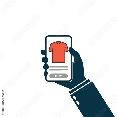 Hand holding smartphone and using mobile application for online shopping. Buy button. Vector