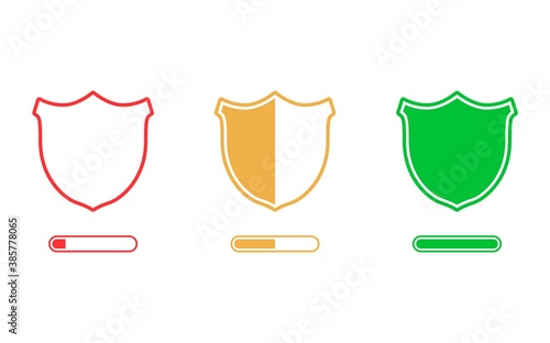 Security levels icons with shields. Loading security concept. From low to complete security. Vector