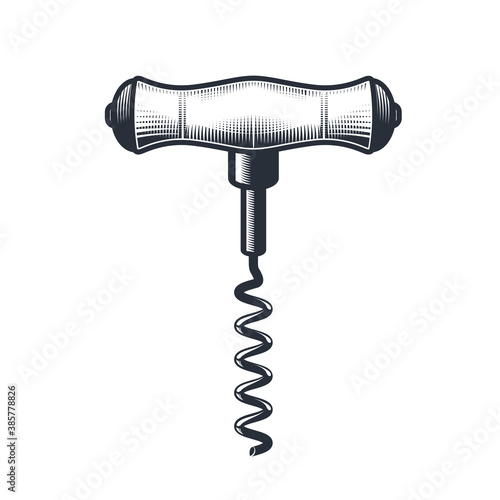 Wine corkscrew with wooden handle in engraving style, vintage cork screw
